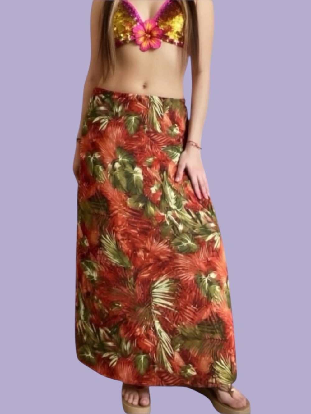 1990s Jessica Vintage Tropical Leaf Maxi Skirt in Red and Olive Green